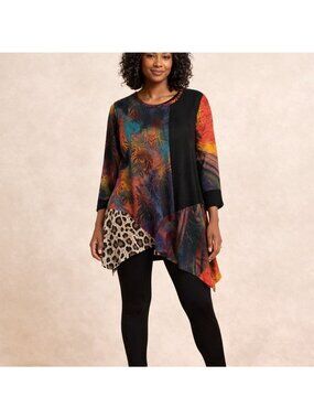 Caleesa Womens PL Tunic Top Boho Patchwork Leopard Asymmetrical Artsy